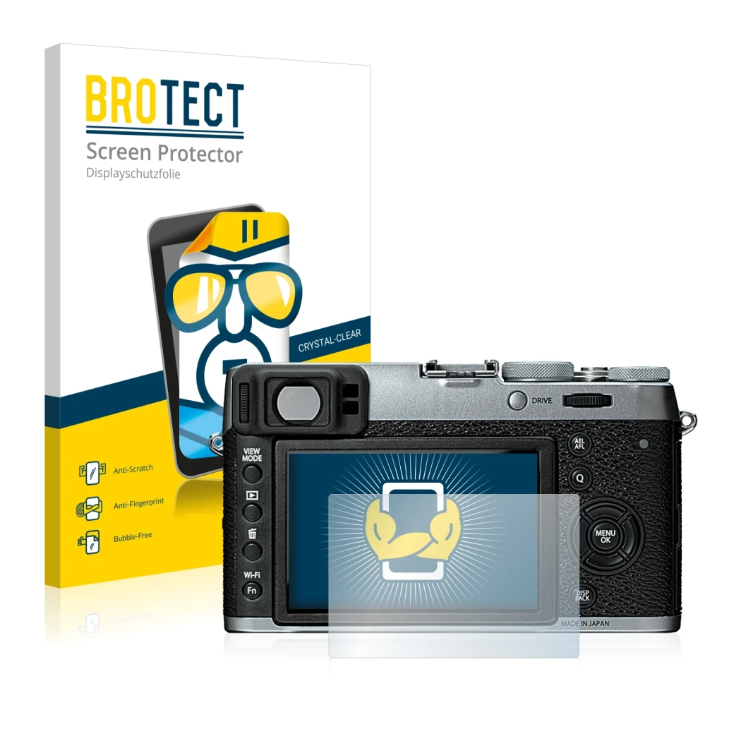 Front side of a product packaging with the brand logo BROTECT. Next to it is the device Fujifilm X100T shown with the correspo