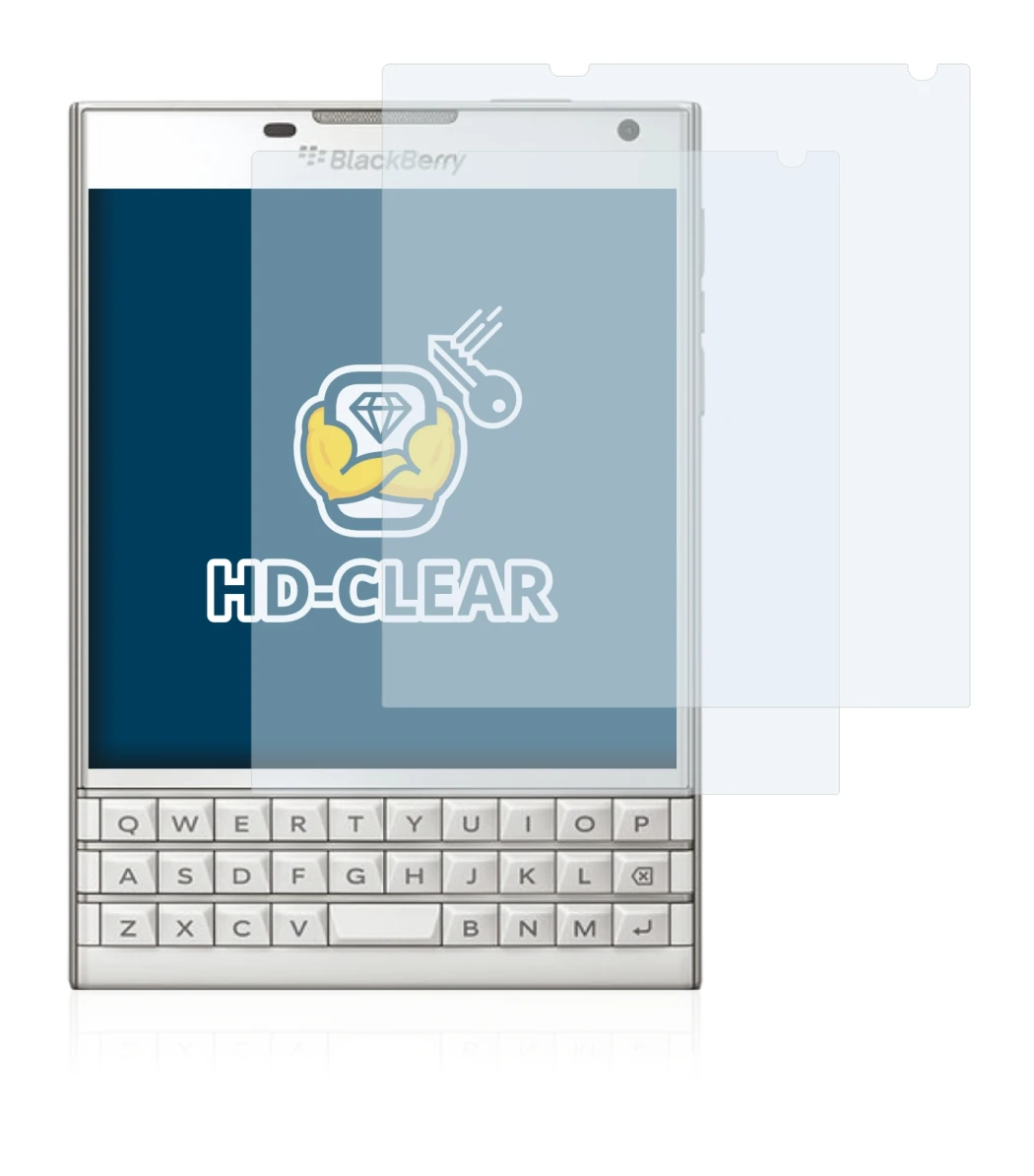 Image of the device BlackBerry Passport with a wide variety of screen protectors.