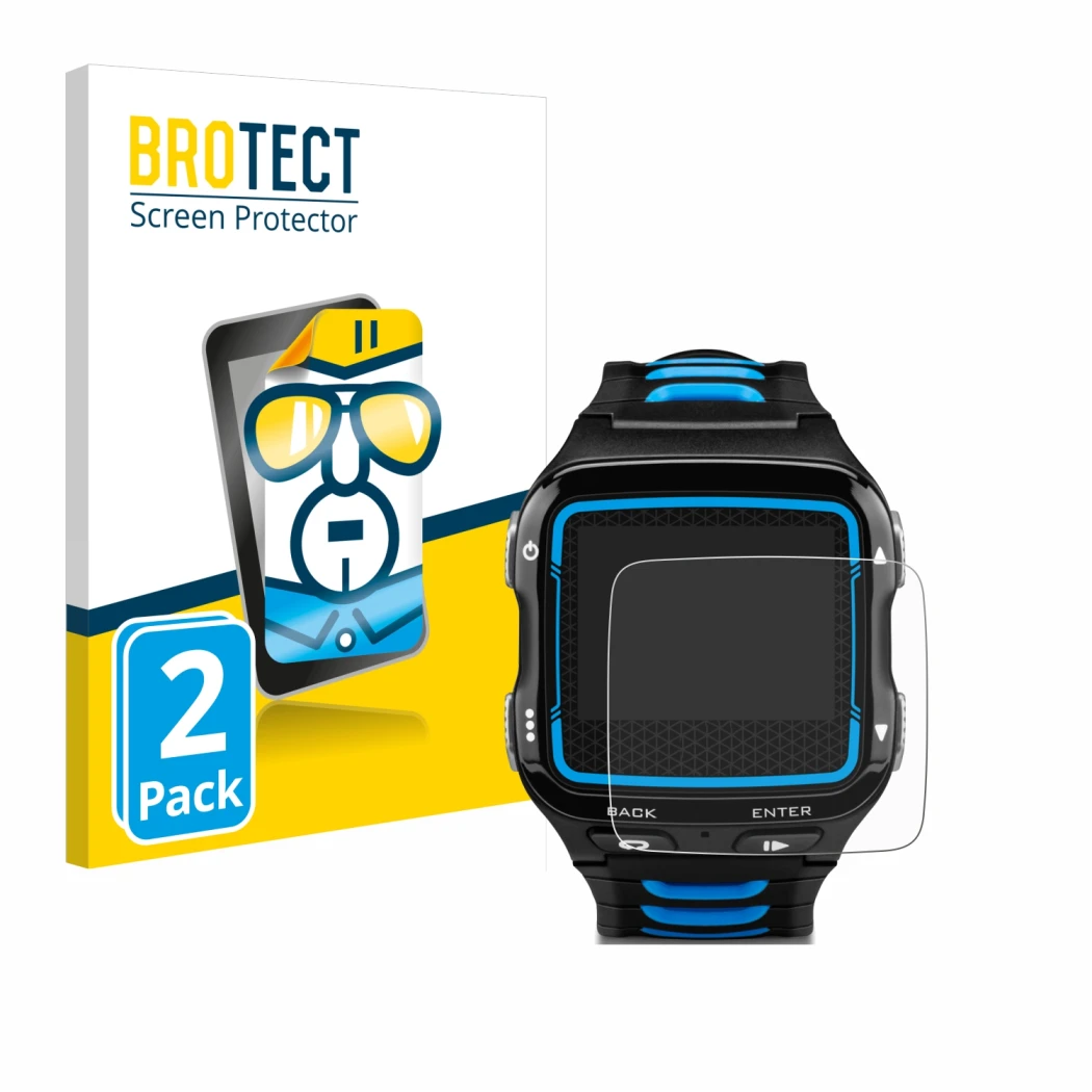 Front side of a product packaging with the brand logo BROTECT. Next to it is the device Garmin Forerunner 920XT shown with the