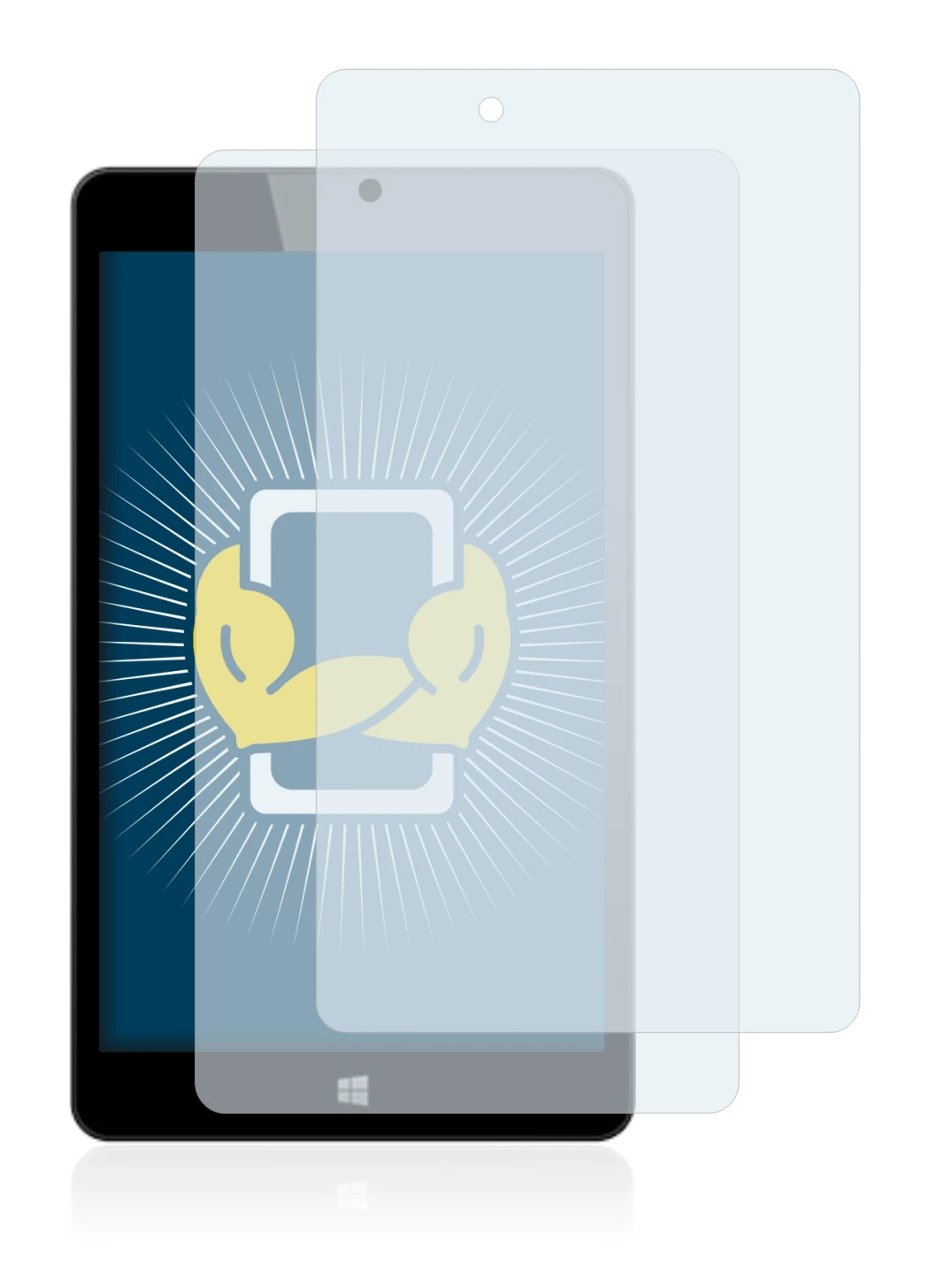 Image of the device Linx 8 with a wide variety of screen protectors.