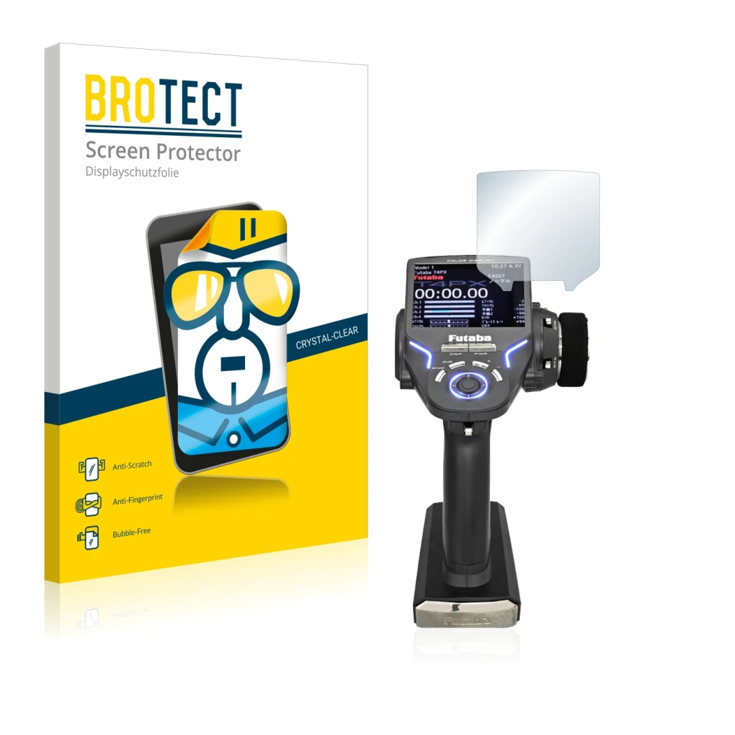 Front side of a product packaging with the brand logo BROTECT. Next to it is the device Futaba 4PX shown with the correspondin