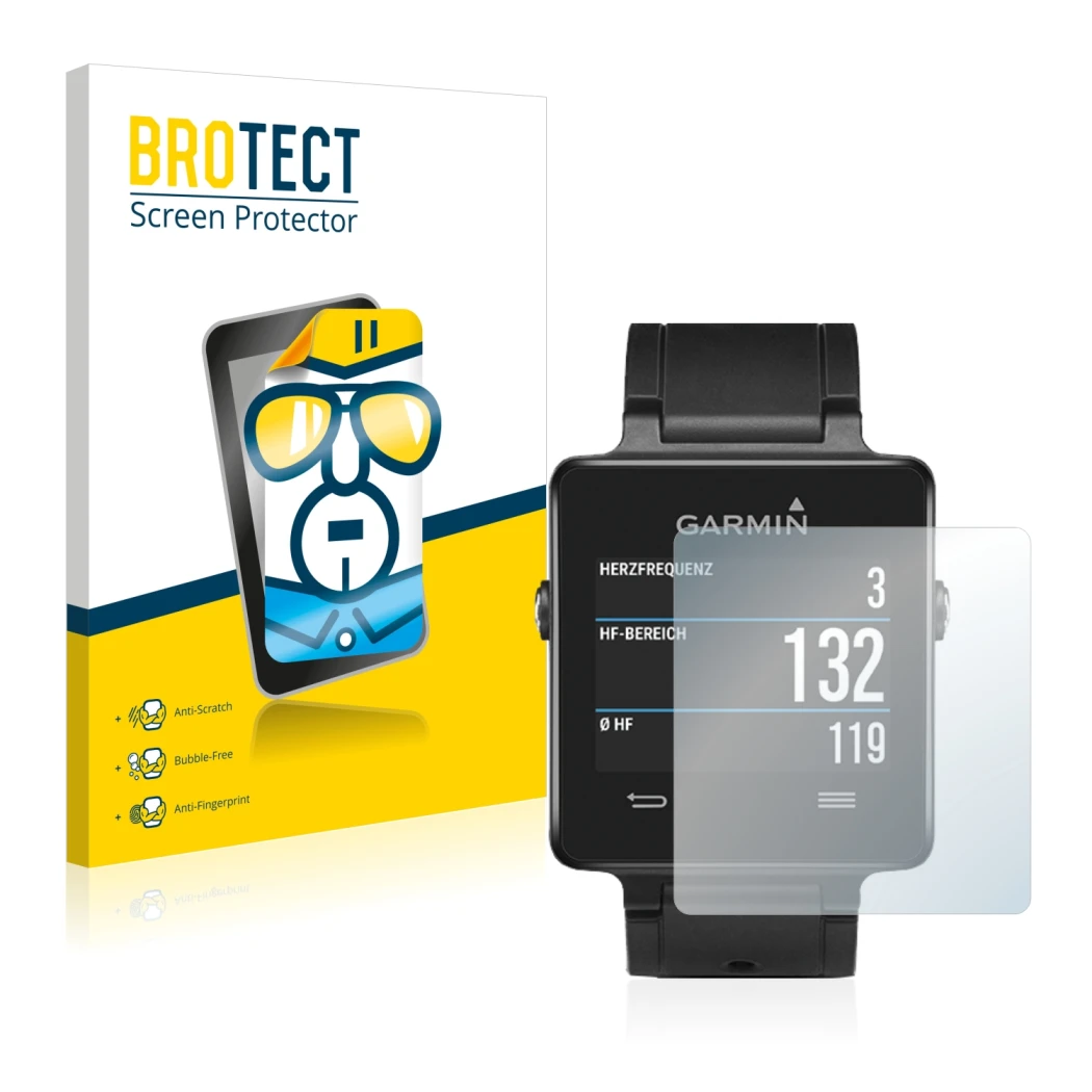 Front side of a product packaging with the brand logo BROTECT. Next to it is the device Garmin vivoactive shown with the corre