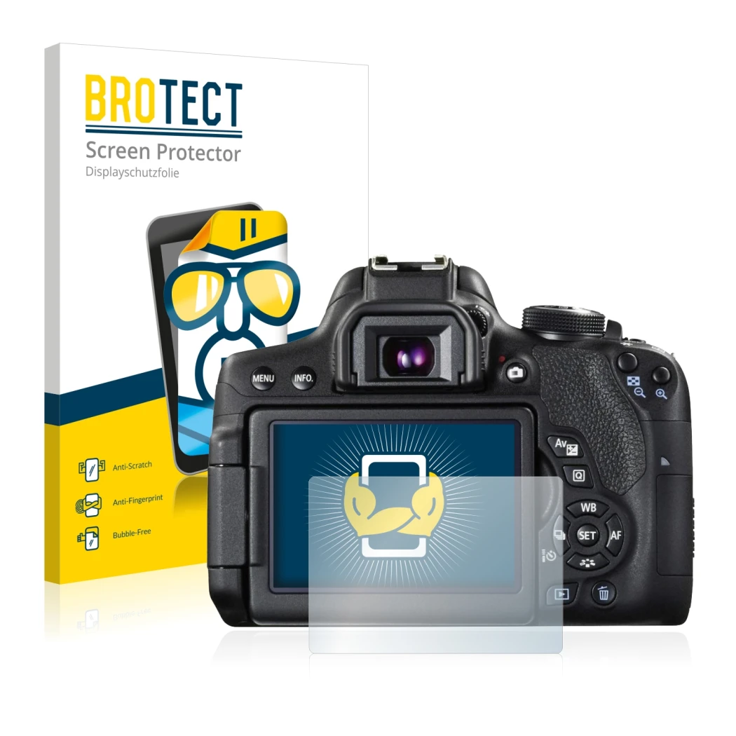Front side of a product packaging with the brand logo BROTECT. Next to it is the device Canon EOS 750D shown with the correspo