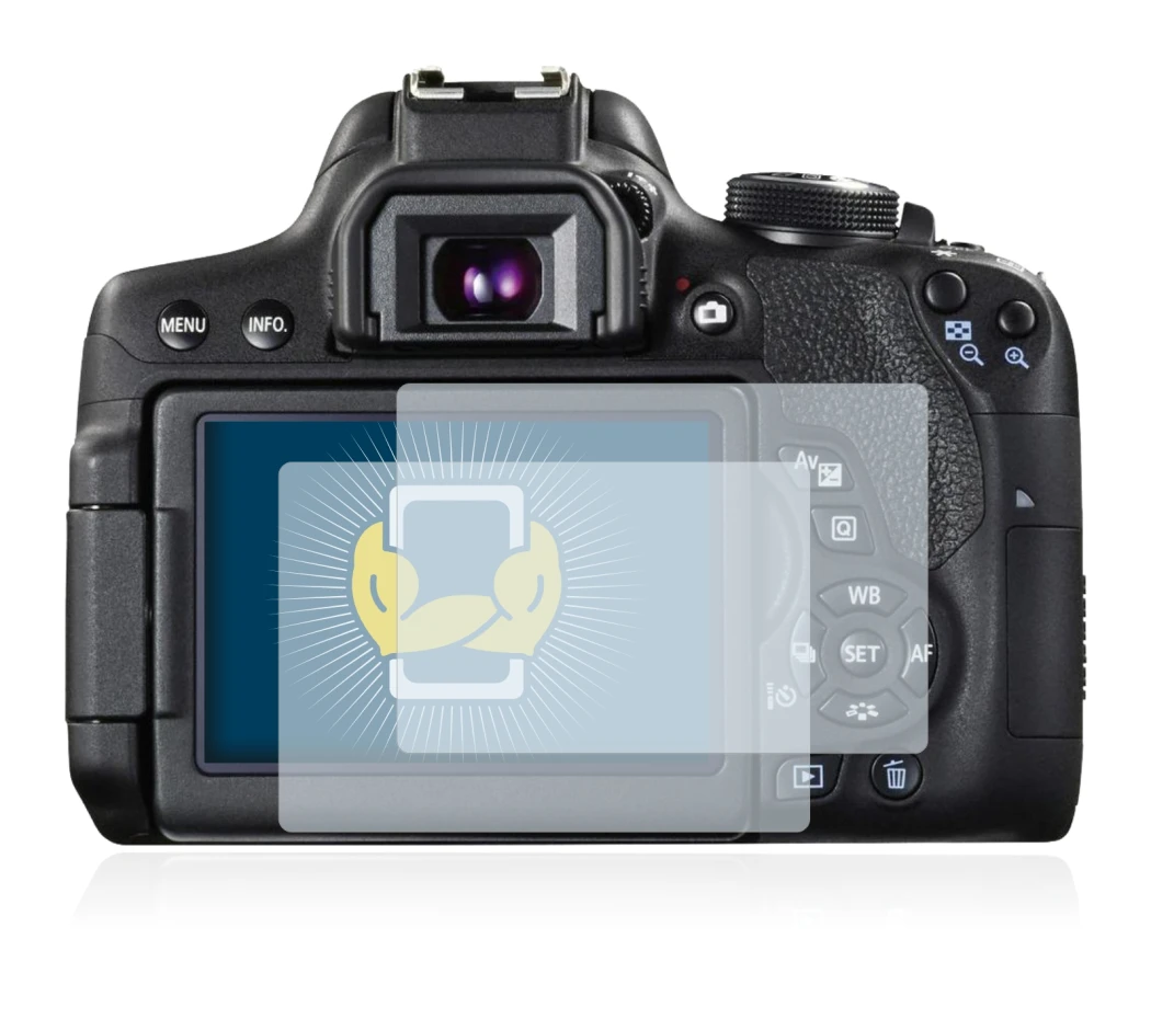 Image of the device Canon EOS 750D with a wide variety of screen protectors.