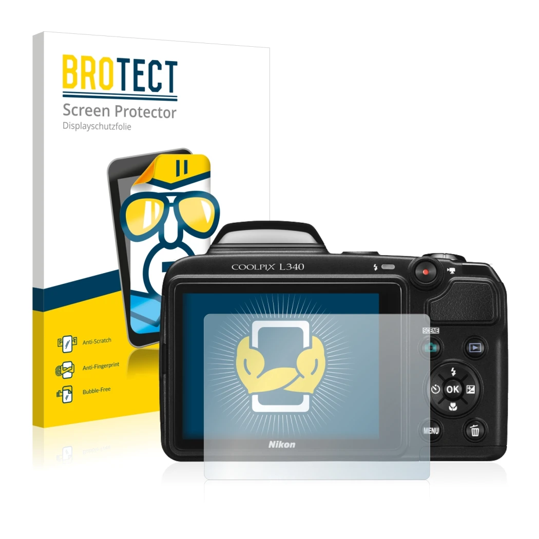 Front side of a product packaging with the brand logo BROTECT. Next to it is the device Nikon Coolpix L340 shown with the corr