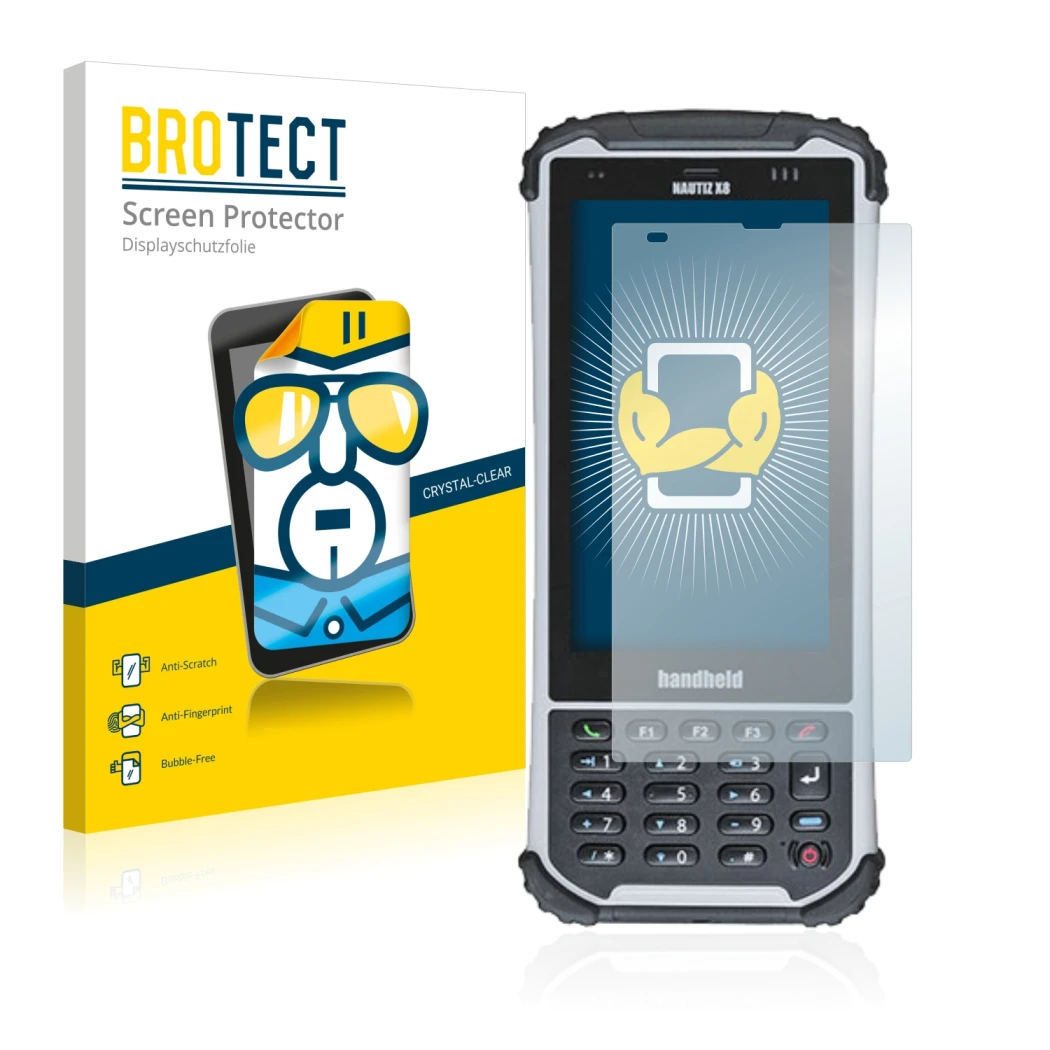 Front side of a product packaging with the brand logo BROTECT. Next to it is the device Handheld Nautiz X8 shown with the corr