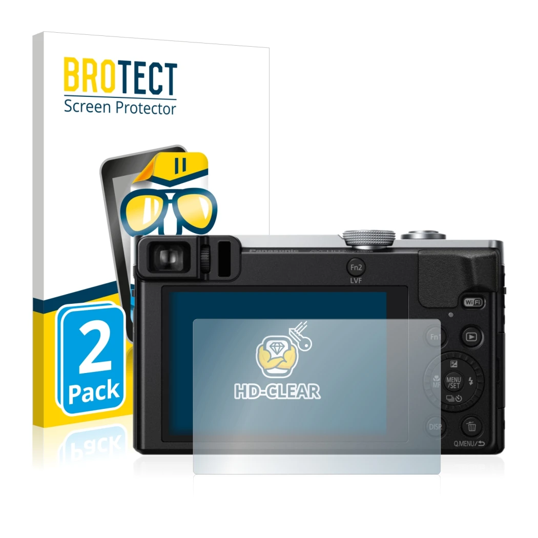 Front side of a product packaging with the brand logo BROTECT. Next to it is the device Panasonic Lumix DMC-TZ70 shown with th