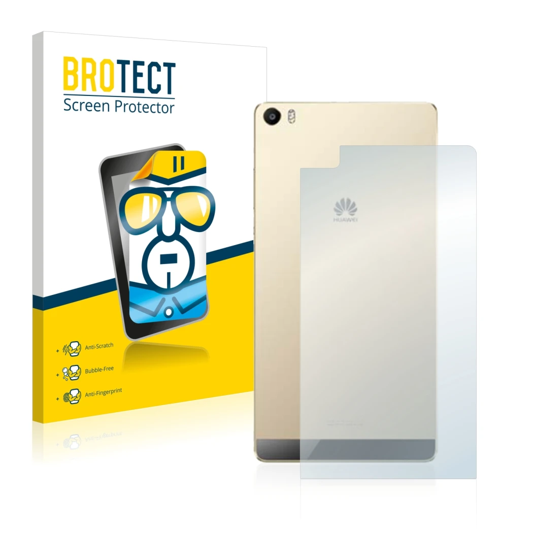 Front side of a product packaging with the brand logo BROTECT. Next to it is the device Huawei P8 Max (Back) shown with the co