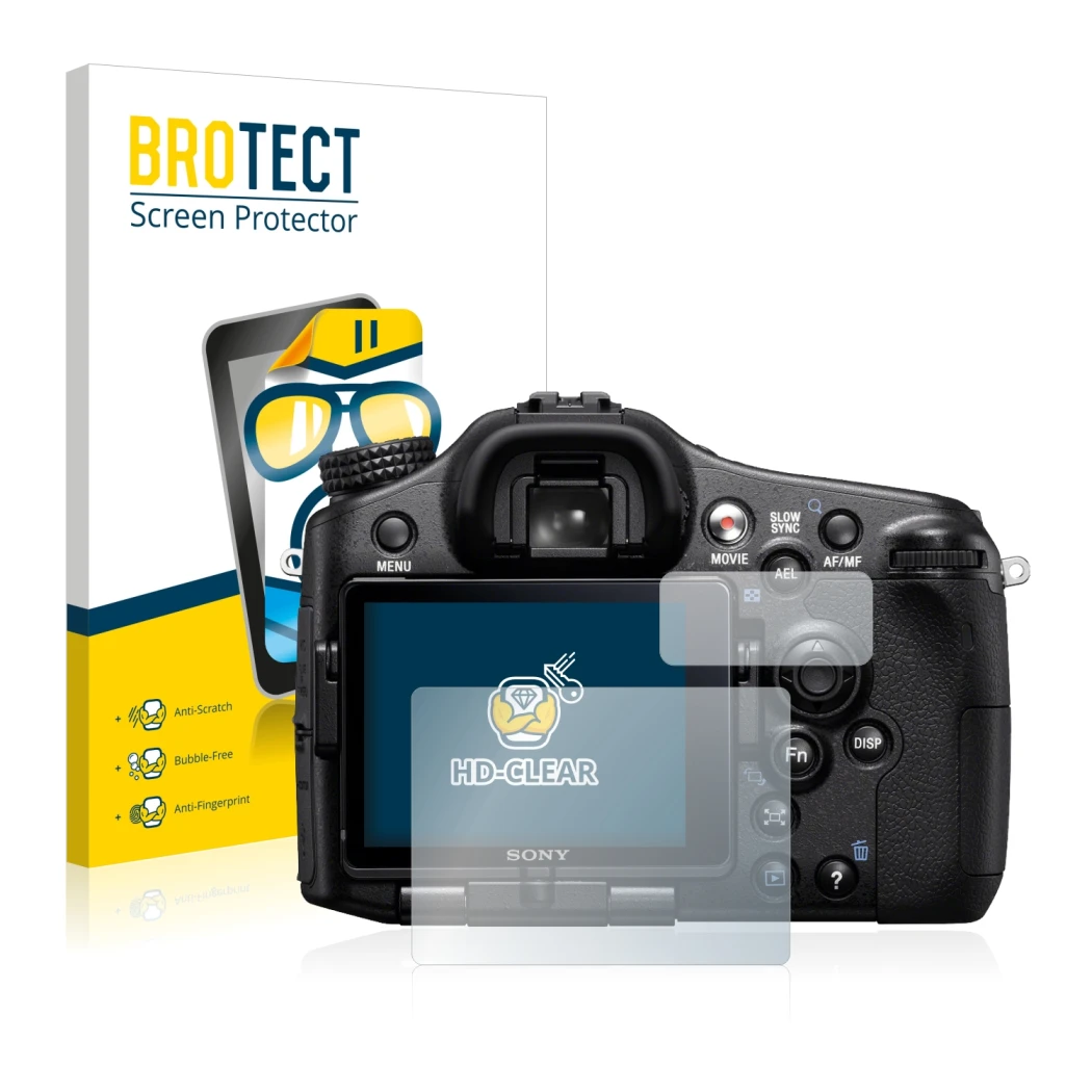 Front side of a product packaging with the brand logo BROTECT. Next to it is the device Sony Alpha 77 (SLT-77) shown with the 