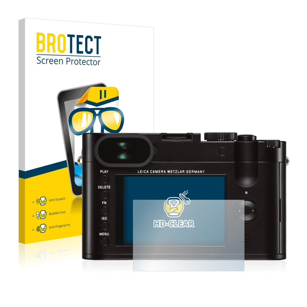 Front side of a product packaging with the brand logo BROTECT. Next to it is the device Leica Q (Typ 116) shown with the corre