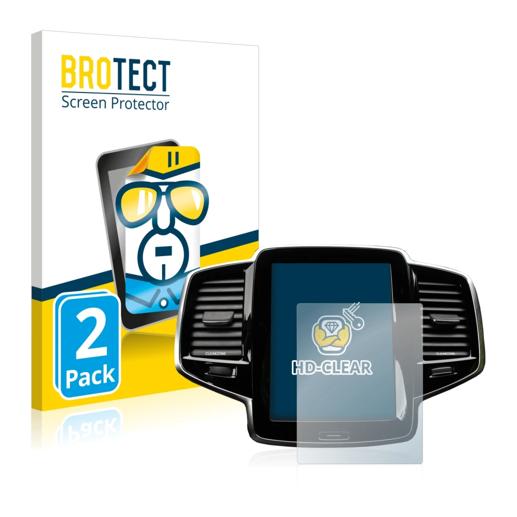 Front side of a product packaging with the brand logo BROTECT. Next to it is the device Volvo XC90 Senus 2015-2017 shown with 