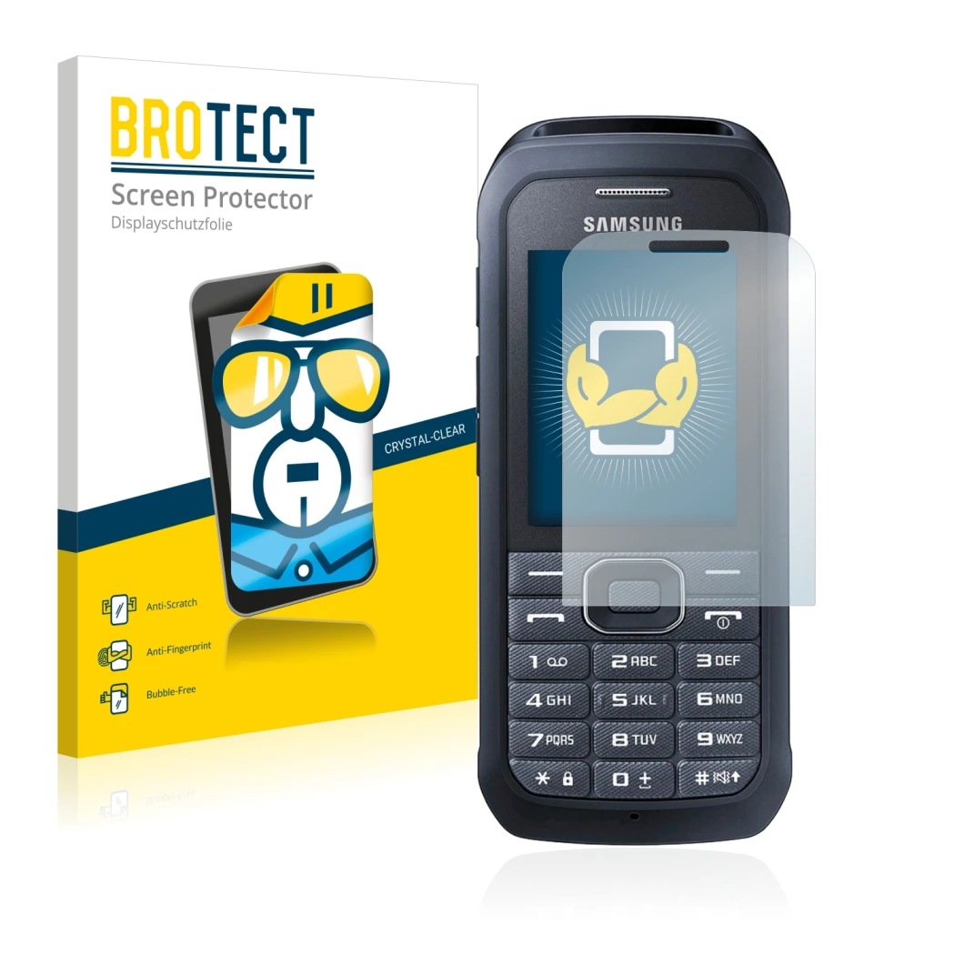 Front side of a product packaging with the brand logo BROTECT. Next to it is the device Samsung Xcover 550 shown with the corr