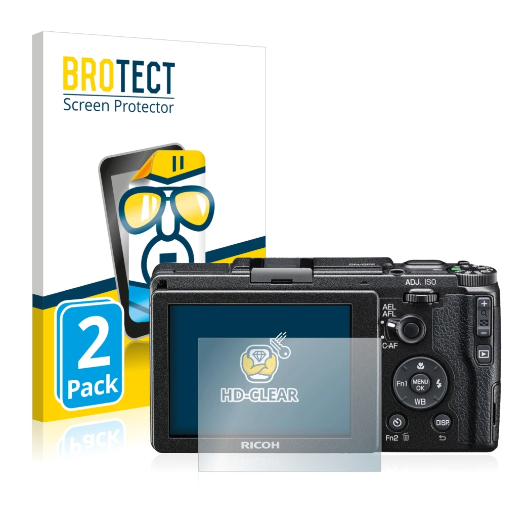 Front side of a product packaging with the brand logo BROTECT. Next to it is the device Ricoh GR II 2015 shown with the corres