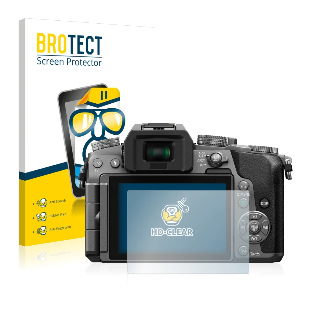 Front side of a product packaging with the brand logo BROTECT. Next to it is the device Panasonic Lumix DMC-G7 shown with the