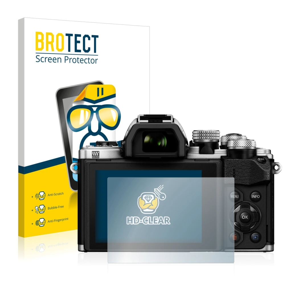 Front side of a product packaging with the brand logo BROTECT. Next to it is the device Olympus OM-D E-M10 Mark II shown with 