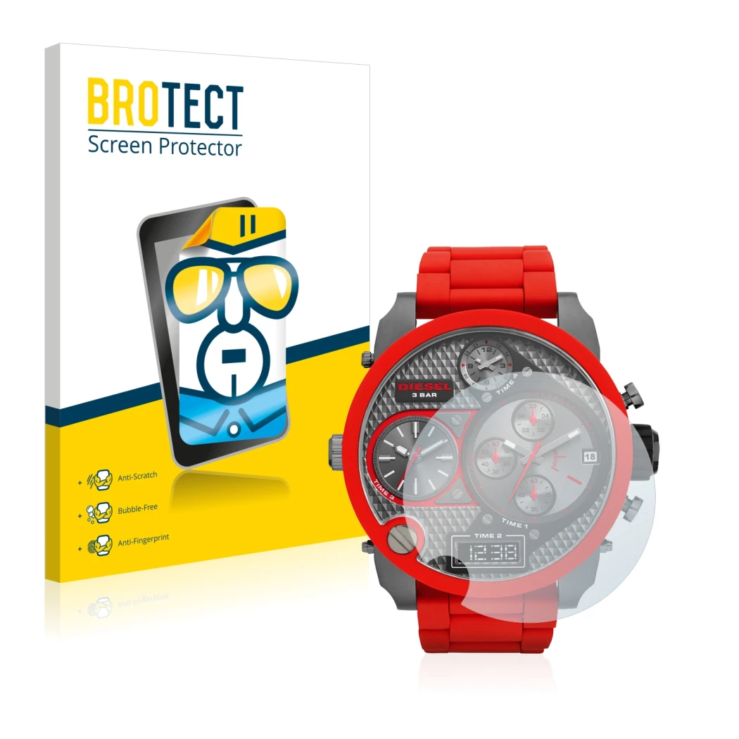 Front side of a product packaging with the brand logo BROTECT. Next to it is the device Diesel DZ7279 shown with the correspon