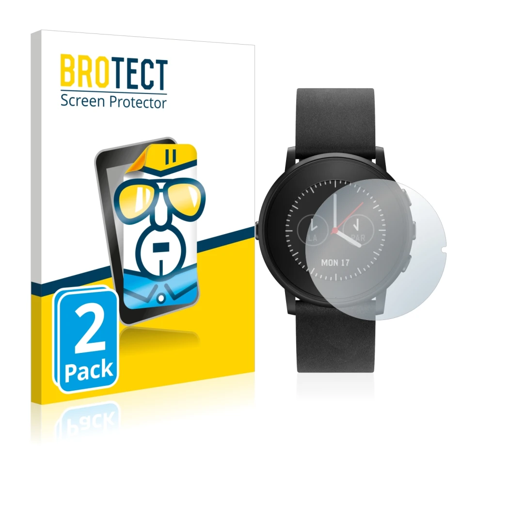 Front side of a product packaging with the brand logo BROTECT. Next to it is the device Pebble Time Round shown with the corre