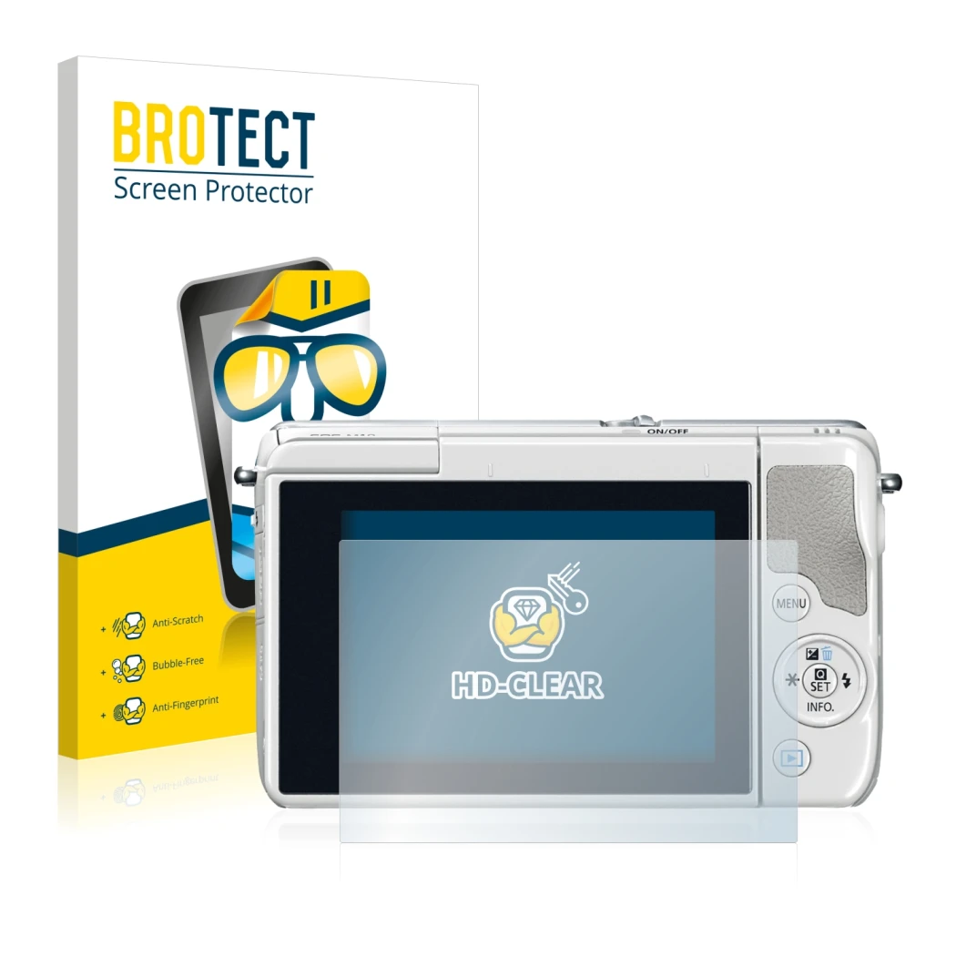 Front side of a product packaging with the brand logo BROTECT. Next to it is the device Canon EOS M10 shown with the correspon