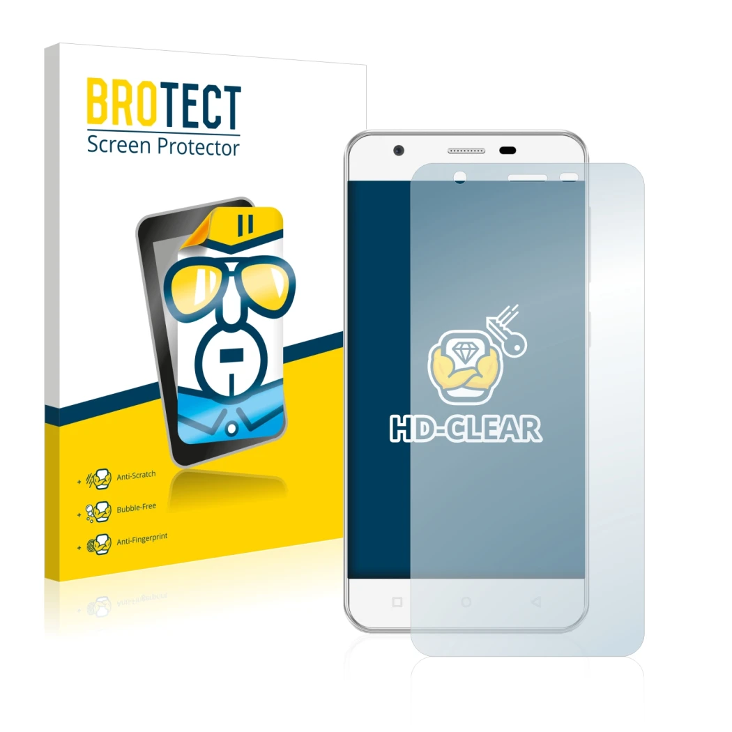 Front side of a product packaging with the brand logo BROTECT. Next to it is the device Allview V2 Viper shown with the corres