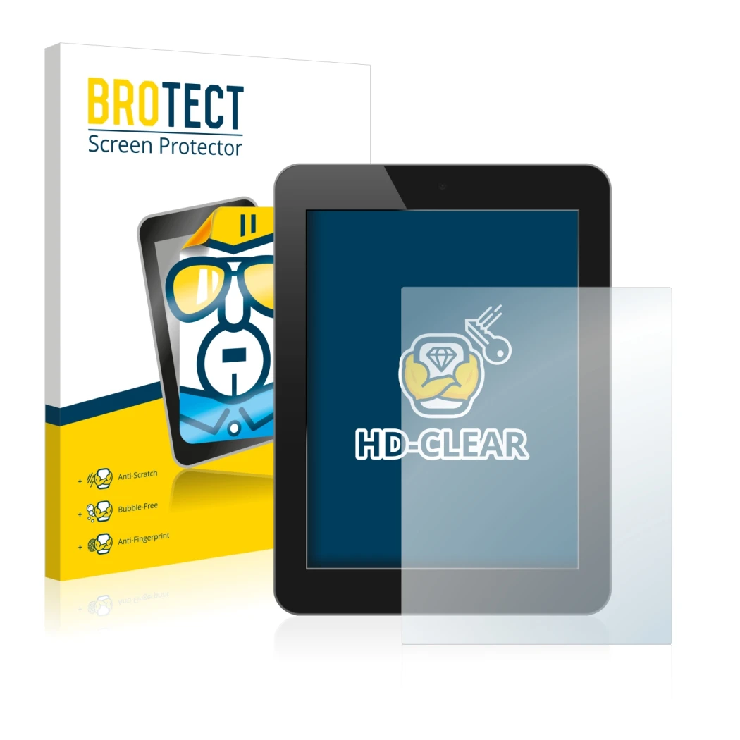 Front side of a product packaging with the brand logo BROTECT. Next to it is the device shown with the corresponding screen pr