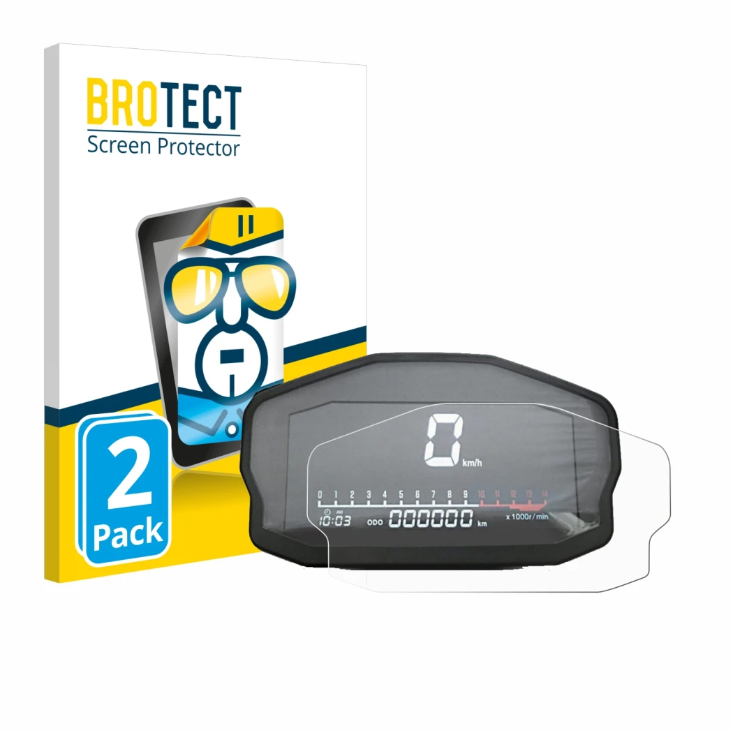 Front side of a product packaging with the brand logo BROTECT. Next to it is the device Ducati Panigale 1199 Speedometer displ