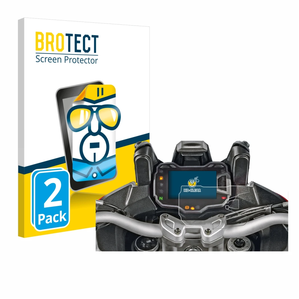 Front side of a product packaging with the brand logo BROTECT. Next to it is the device Ducati Multistrada 1200 2015+ Speedome