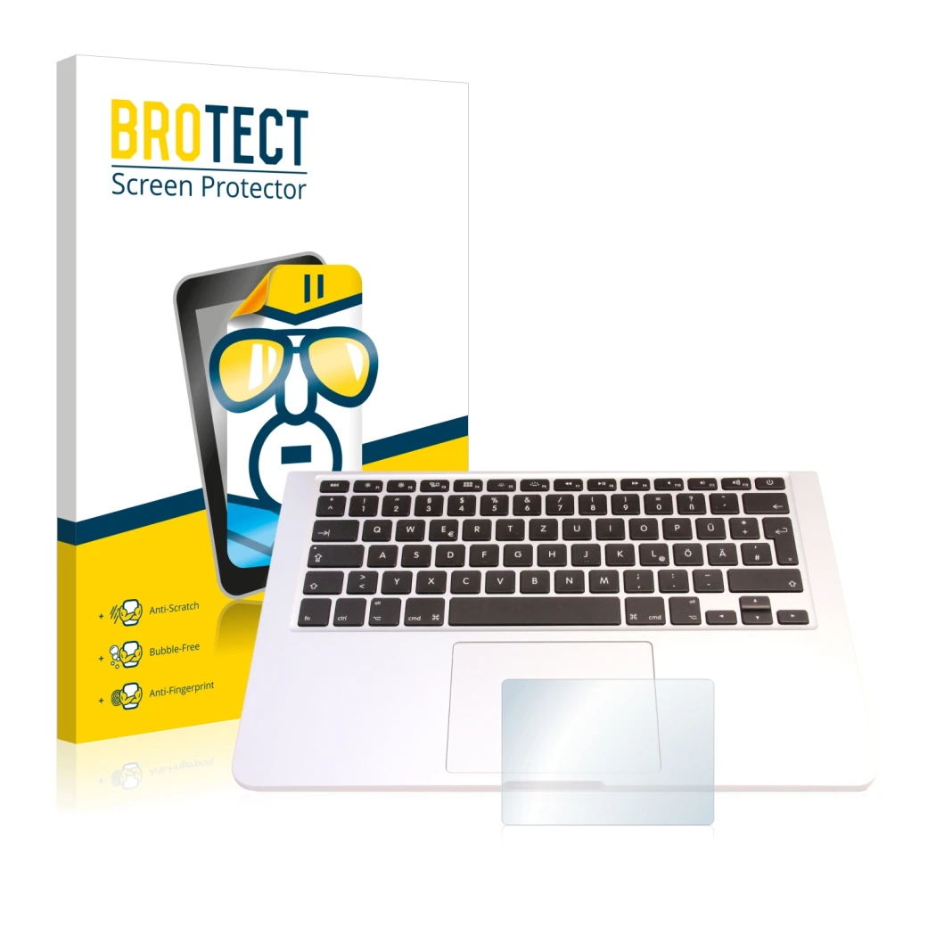 Front side of a product packaging with the brand logo BROTECT. Next to it is the device Apple MacBook Pro 13.3