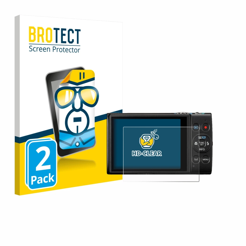 Front side of a product packaging with the brand logo BROTECT. Next to it is the device Canon Digital Ixus 285 hs shown with t