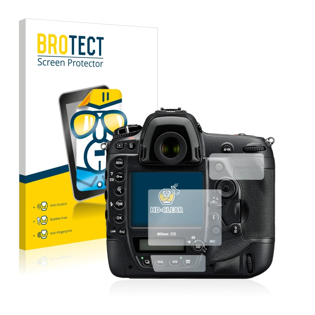 Front side of a product packaging with the brand logo BROTECT. Next to it is the device Nikon D5 shown with the corresponding