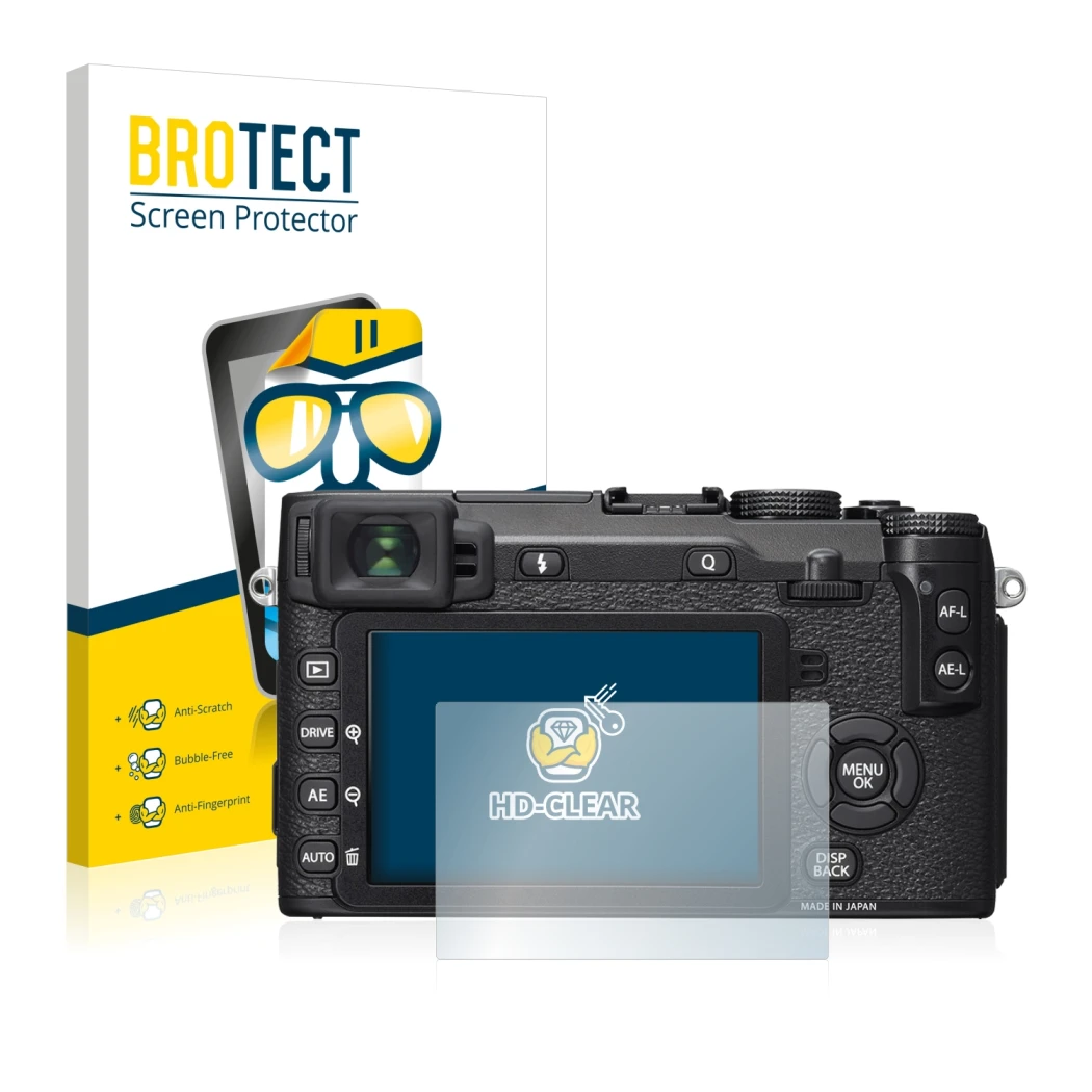 Front side of a product packaging with the brand logo BROTECT. Next to it is the device Fujifilm X-E2S shown with the correspo