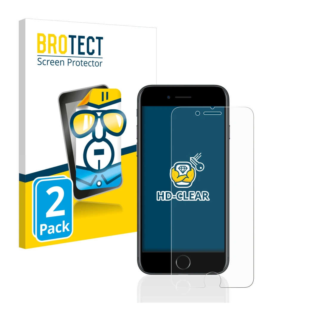 Front side of a product packaging with the brand logo BROTECT. Next to it is the device Apple iPhone 7 shown with the correspo