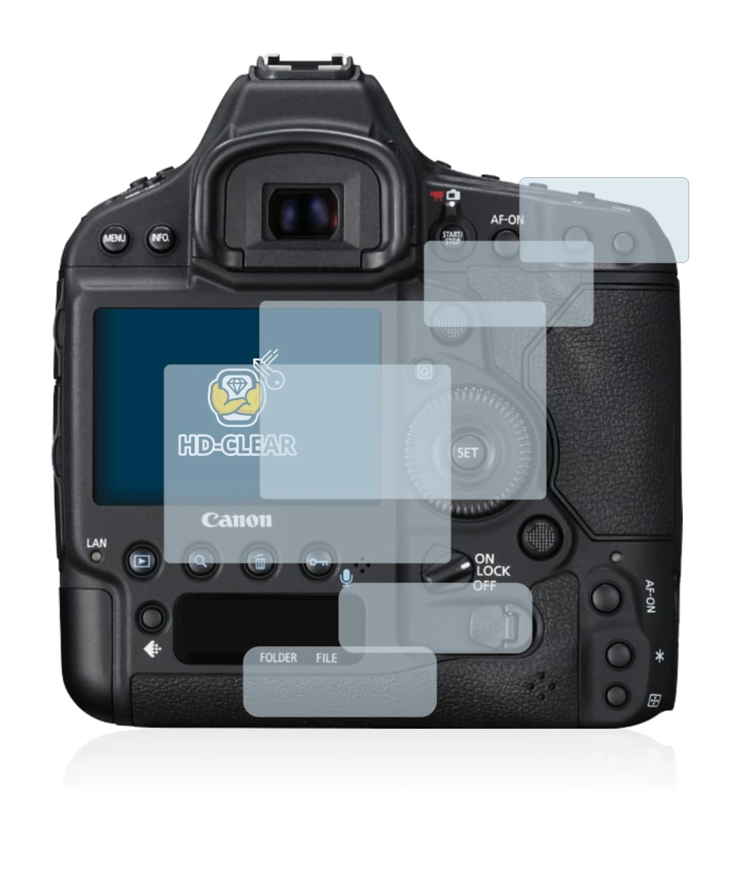 Image of the device Canon EOS 1D X Mark II with a wide variety of screen protectors.