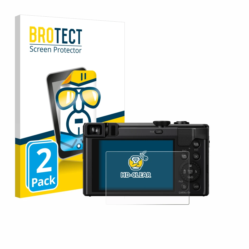 Front side of a product packaging with the brand logo BROTECT. Next to it is the device Panasonic Lumix DMC-TZ80 shown with th