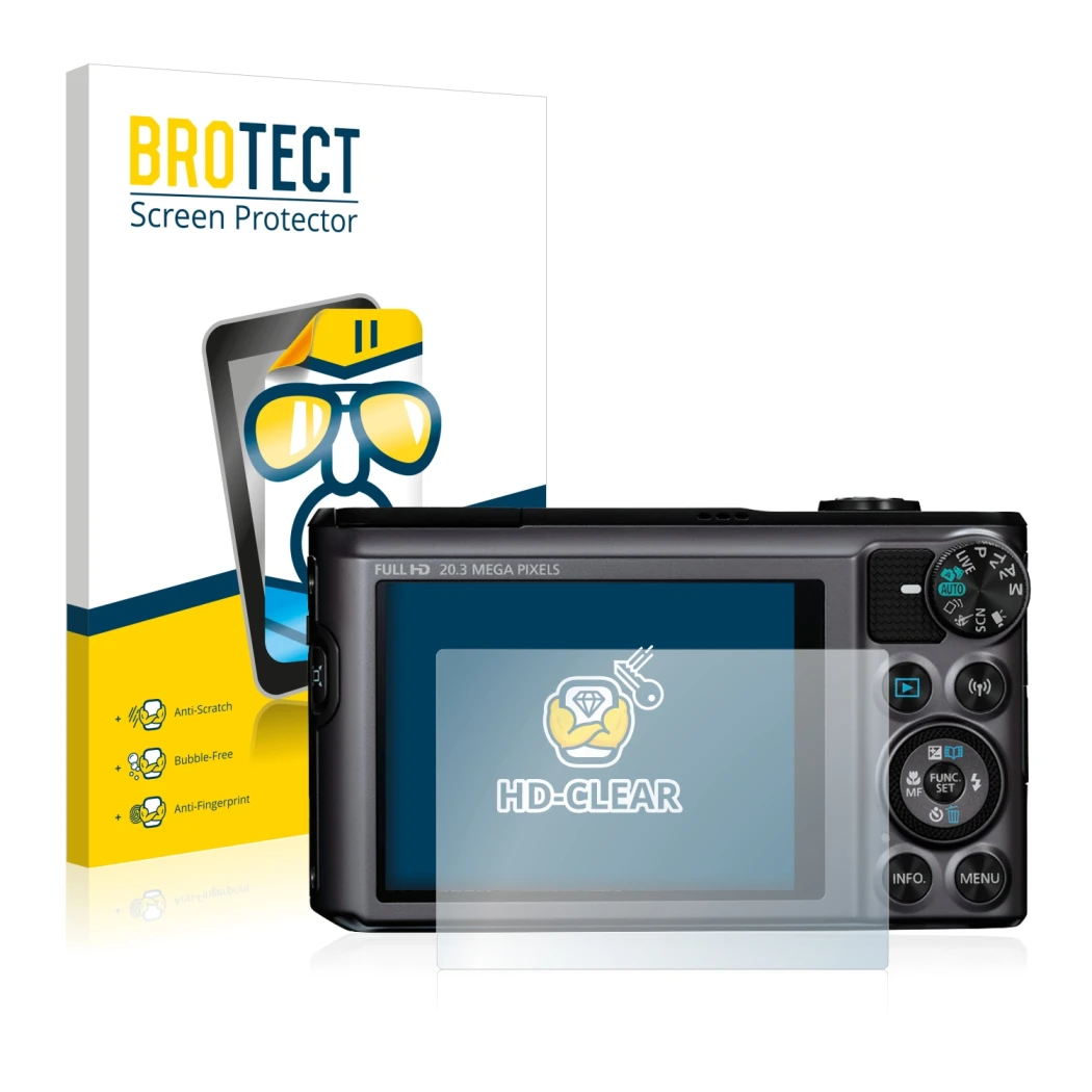 Front side of a product packaging with the brand logo BROTECT. Next to it is the device Canon PowerShot SX720 HS shown with th