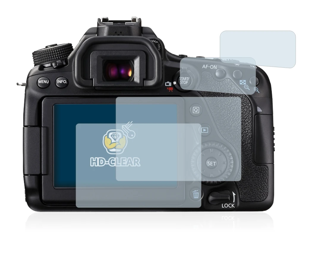 Image of the device Canon EOS 80D with a wide variety of screen protectors.