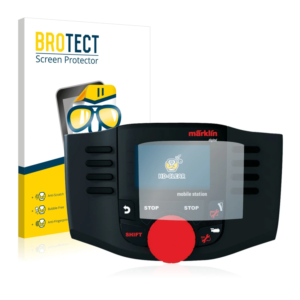 Front side of a product packaging with the brand logo BROTECT. Next to it is the device Märklin Mobile Station 60657 2016 show