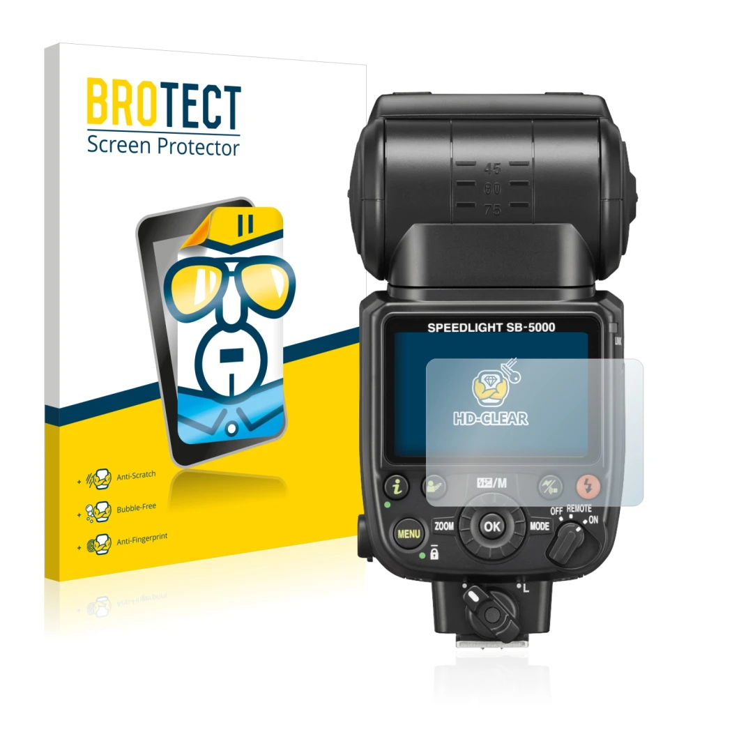 Front side of a product packaging with the brand logo BROTECT. Next to it is the device Nikon SB-5000 shown with the correspon