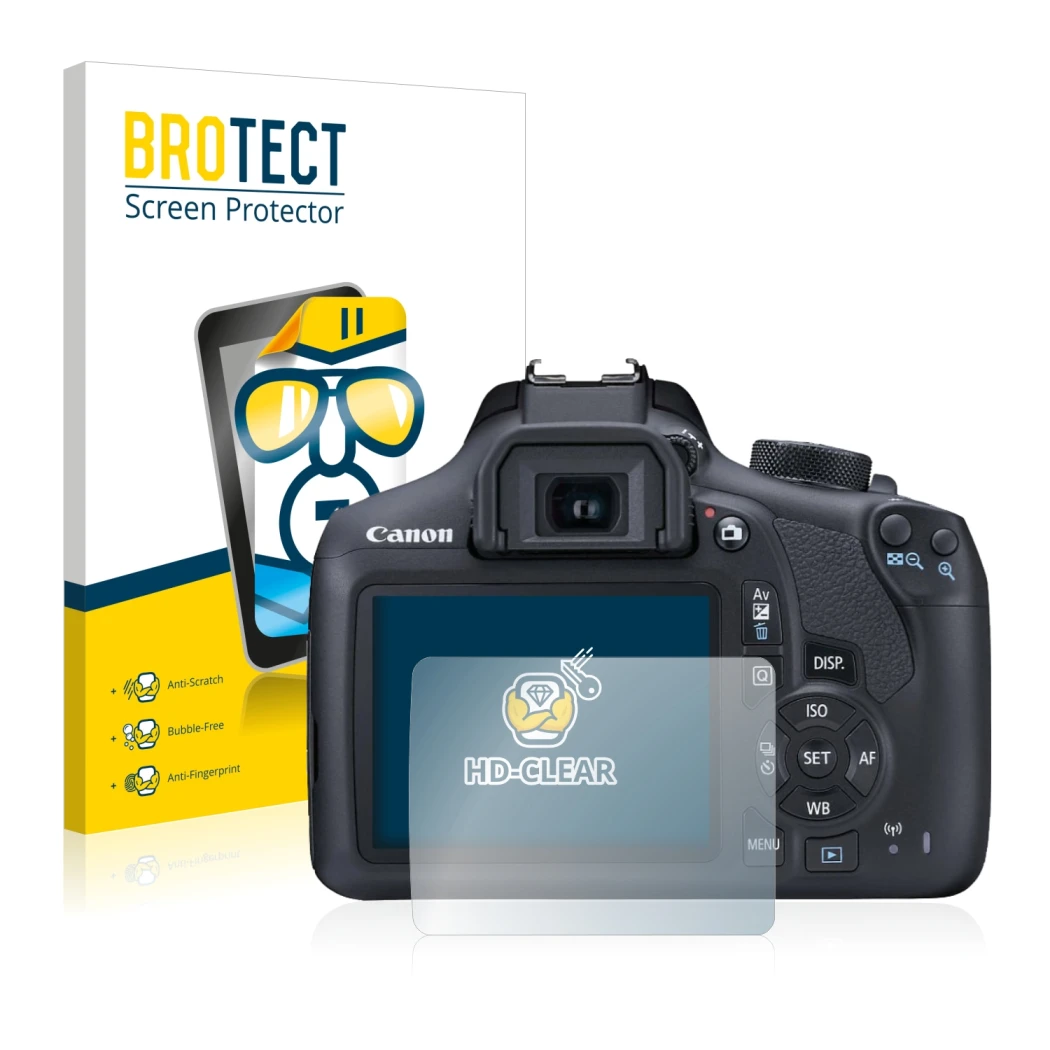Front side of a product packaging with the brand logo BROTECT. Next to it is the device Canon EOS 1300D shown with the corresp