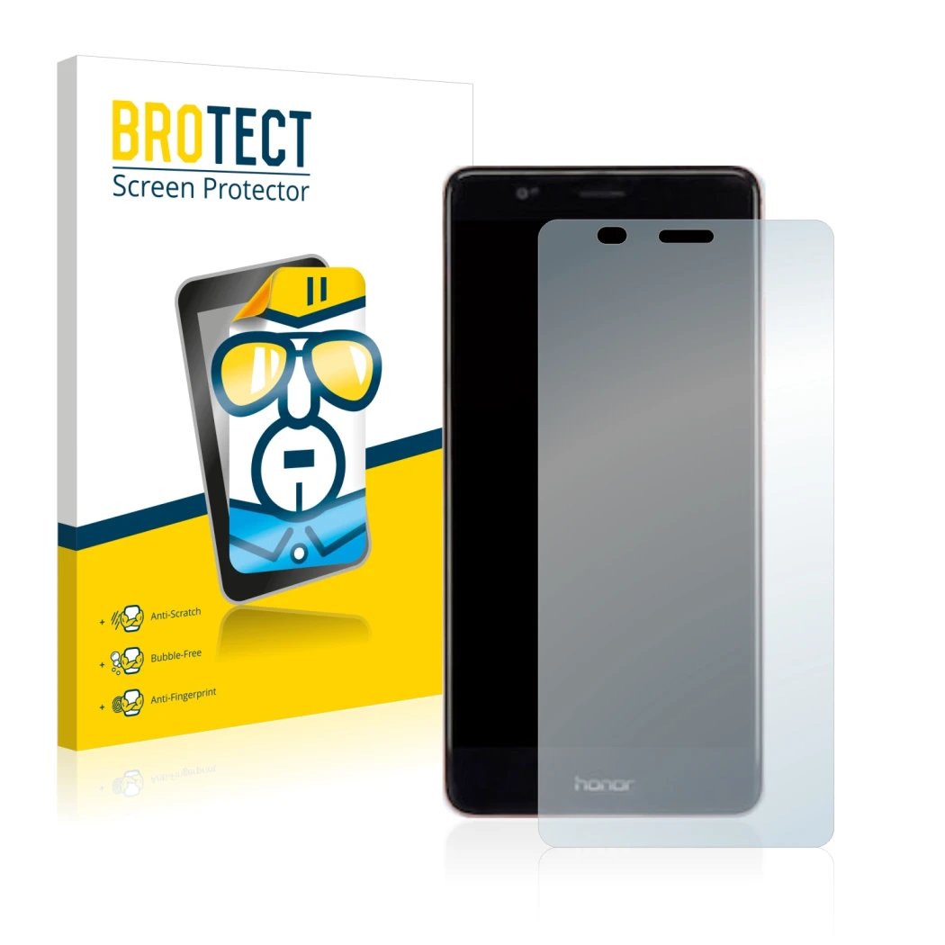 Front side of a product packaging with the brand logo BROTECT. Next to it is the device Honor V8 shown with the corresponding 