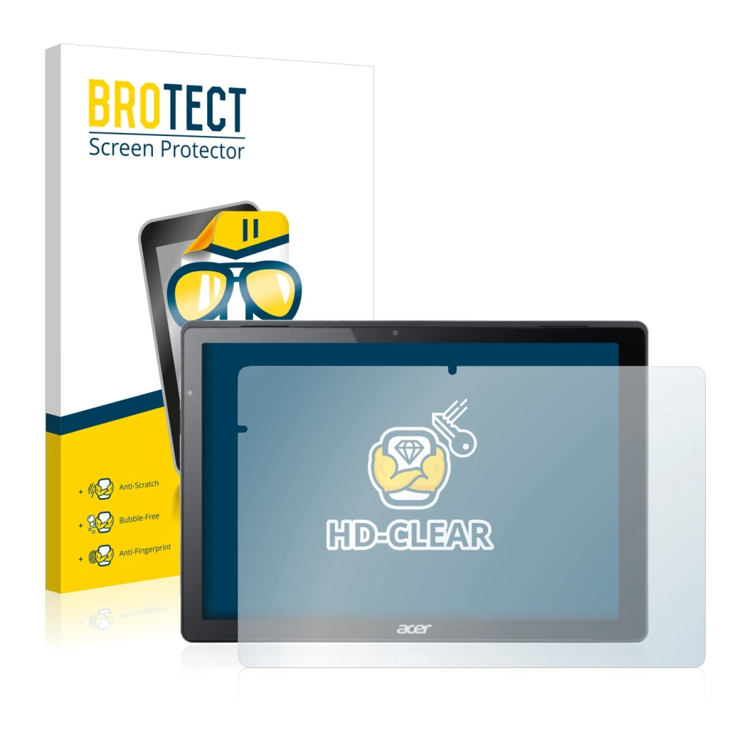 Front side of a product packaging with the brand logo BROTECT. Next to it is the device Acer Switch Alpha 12 shown with the co