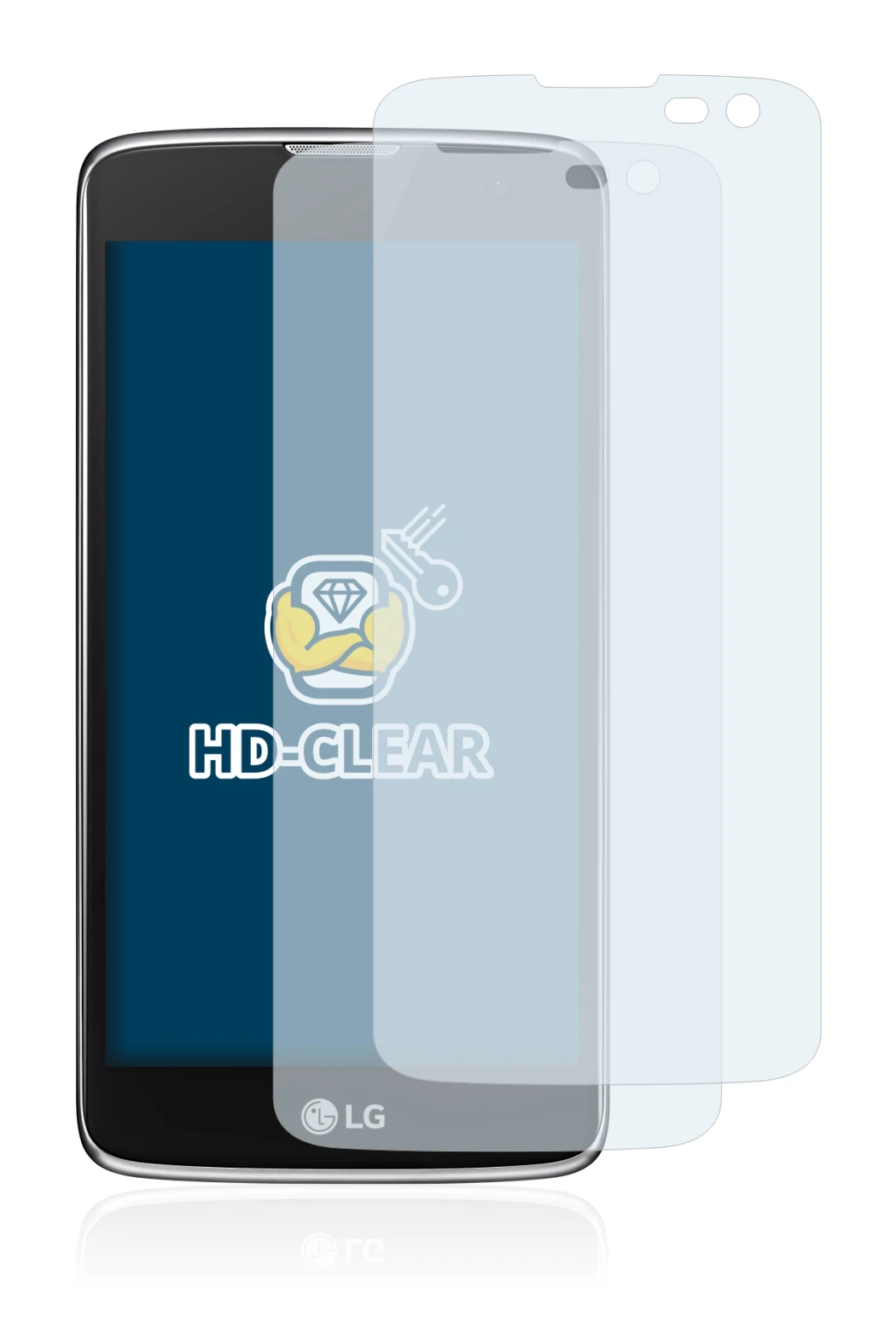 Image of the device LG K7 (camera right only) with a wide variety of screen protectors.