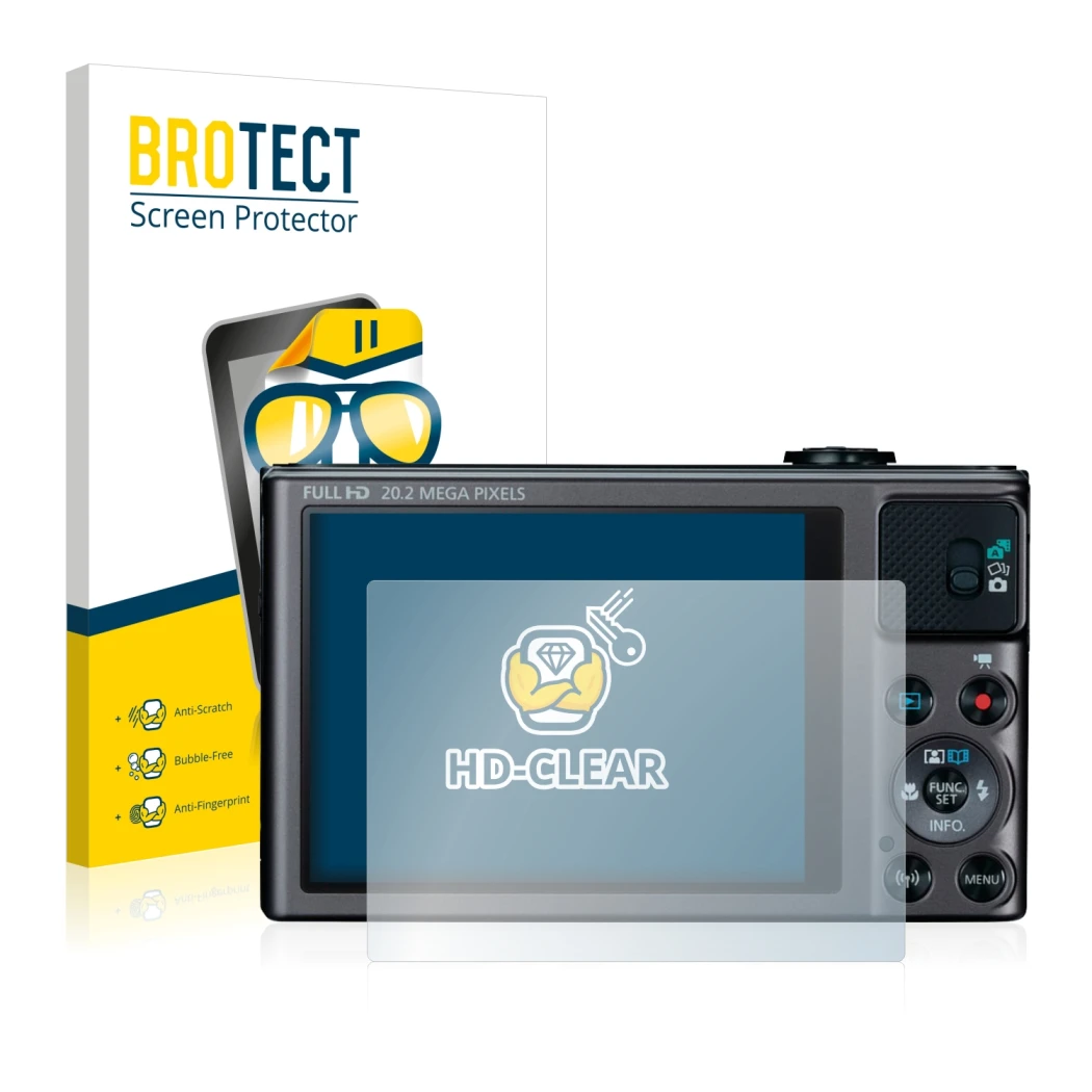Front side of a product packaging with the brand logo BROTECT. Next to it is the device Canon PowerShot SX620 HS shown with th
