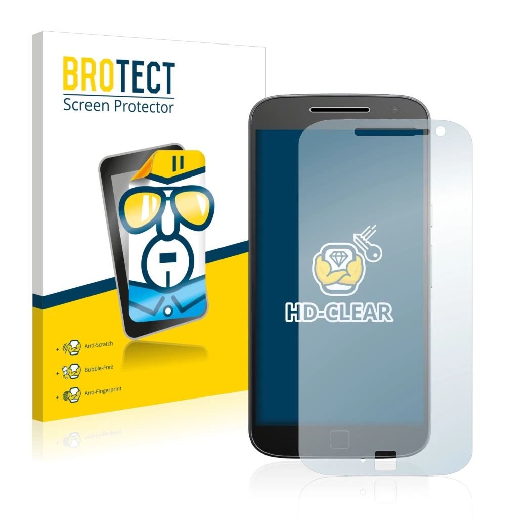 Front side of a product packaging with the brand logo BROTECT. Next to it is the device Motorola Moto G4 Plus shown with the c
