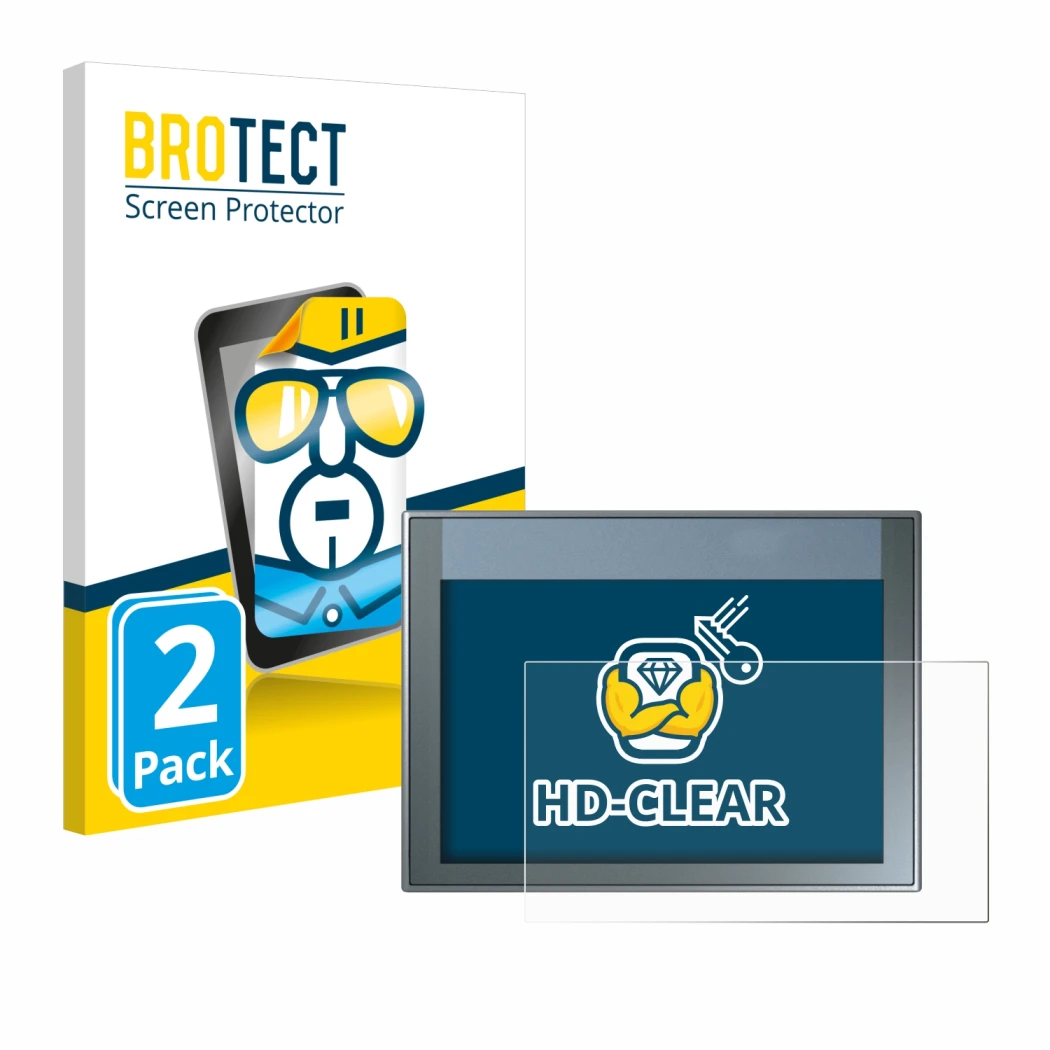 Front side of a product packaging with the brand logo BROTECT. Next to it is the device Siemens Simatic HMI KTP 700 Basic show