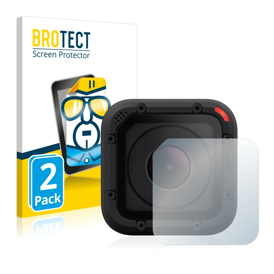 Front side of a product packaging with the brand logo BROTECT. Next to it is the device GoPro Hero Session shown with the corr