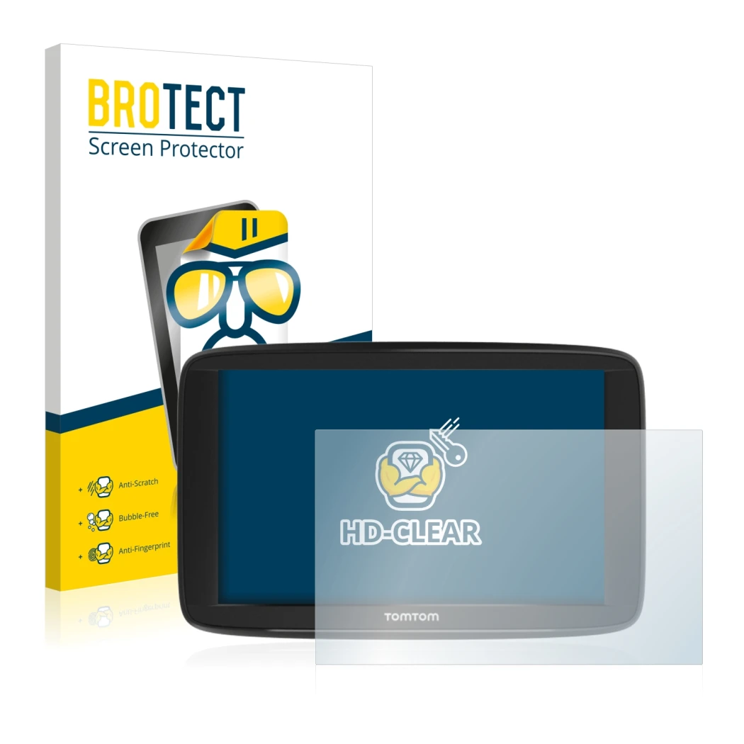 Front side of a product packaging with the brand logo BROTECT. Next to it is the device TomTom Start 62 shown with the corresp