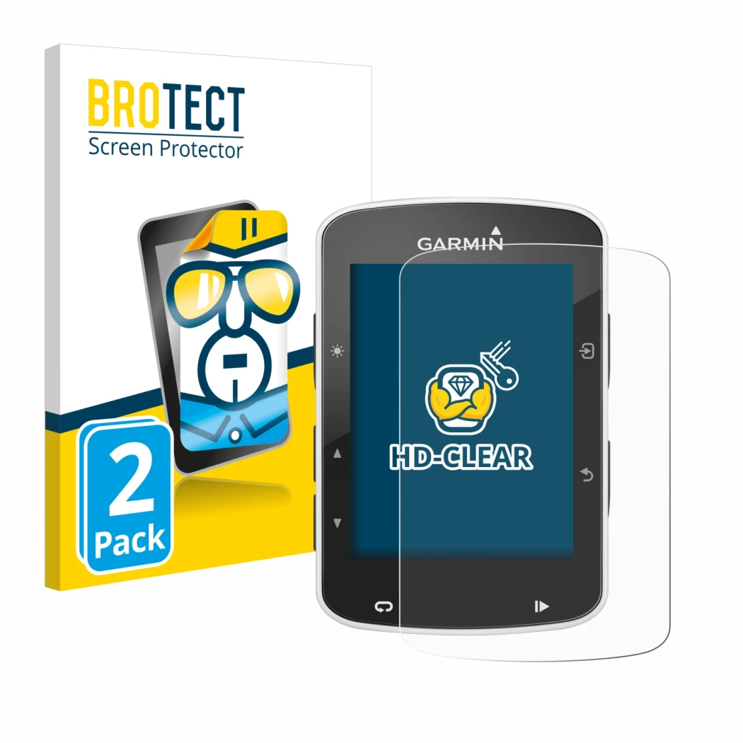 Front side of a product packaging with the brand logo BROTECT. Next to it is the device Garmin Edge 820 shown with the corresp
