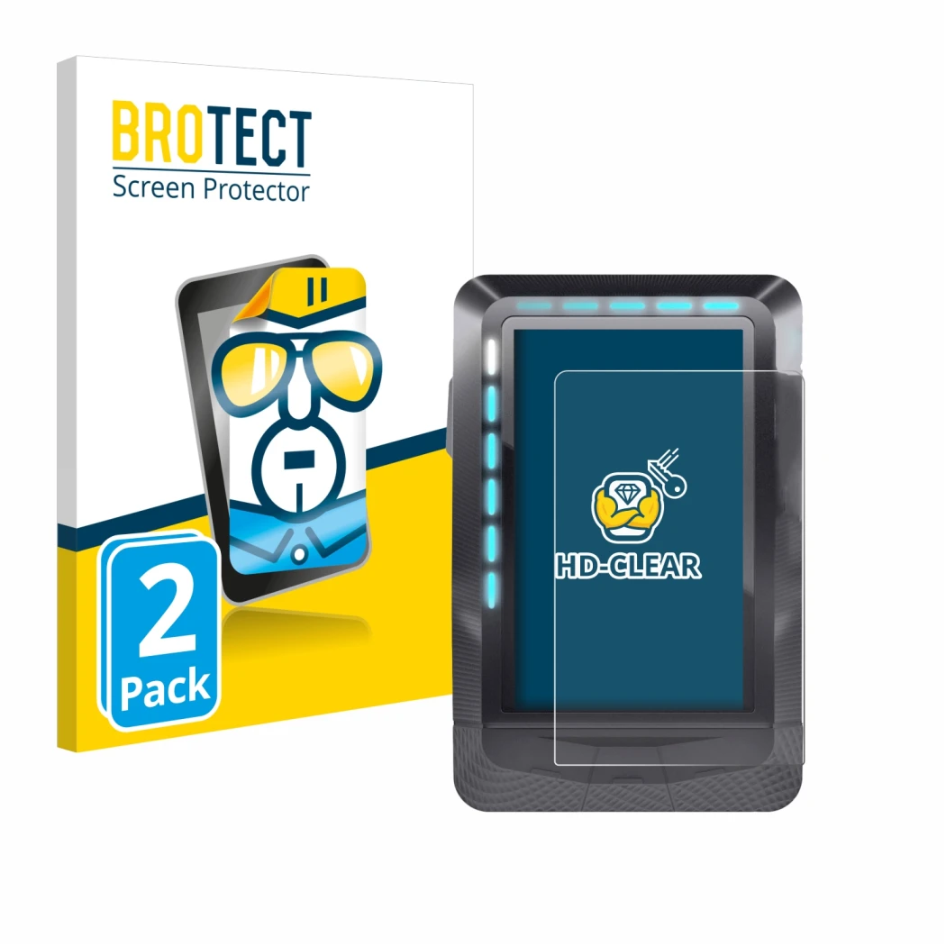 Front side of a product packaging with the brand logo BROTECT. Next to it is the device Wahoo Elemnt GPS shown with the corres