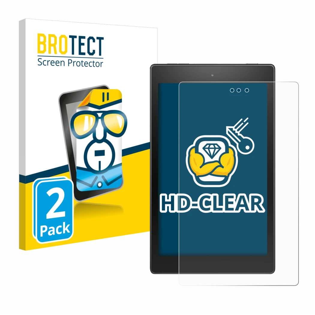 Front side of a product packaging with the brand logo BROTECT. Next to it is the device Amazon Fire HD 8 2017 shown with the c