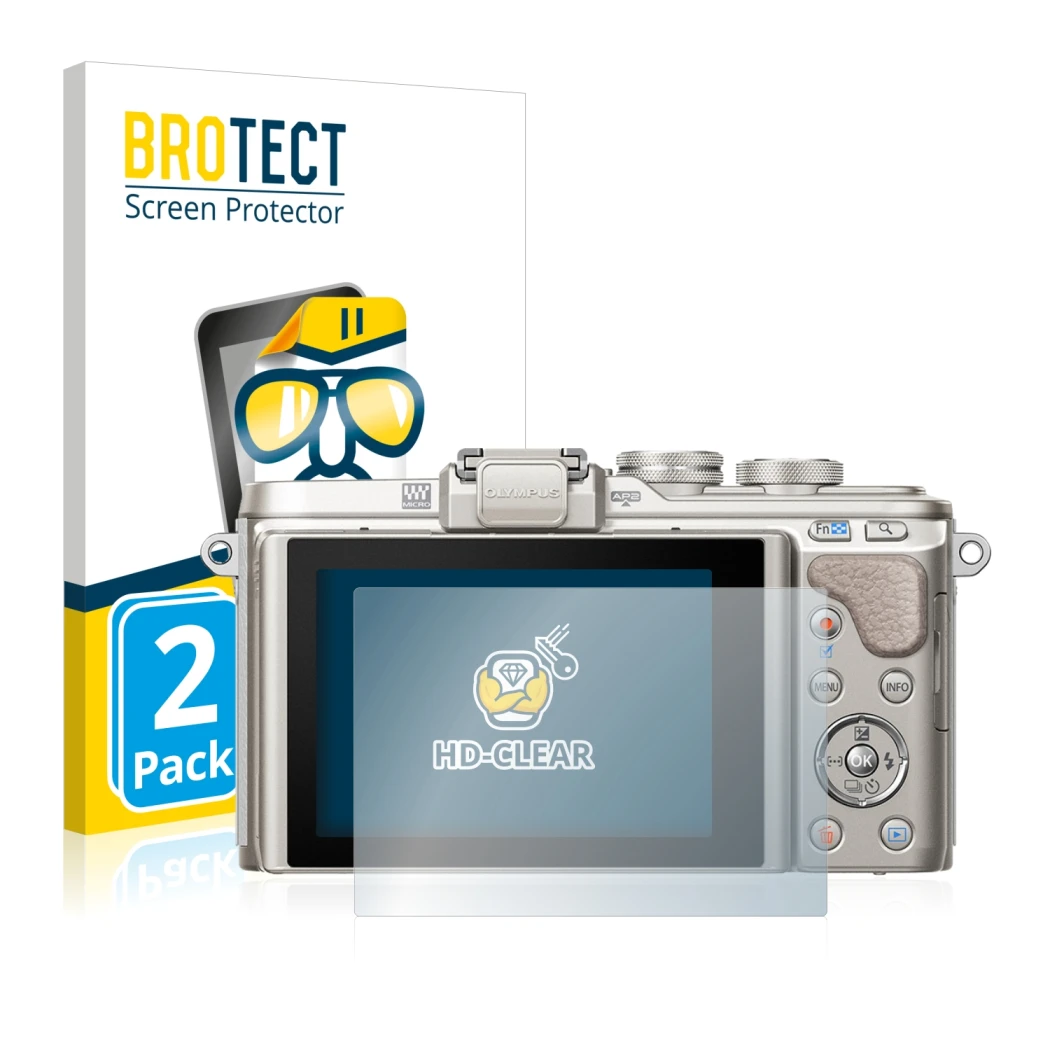 Front side of a product packaging with the brand logo BROTECT. Next to it is the device Olympus PEN E-PL8 shown with the corre